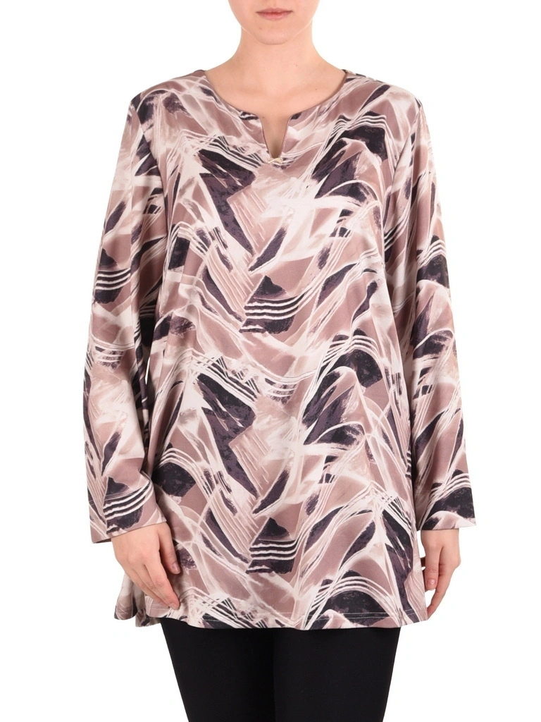 Stylowa bluzka plus size beżowo-kremowa w abstrakcyjny wzór – swobodny krój optycznie wysmuklający 41075