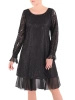 Elegancka czarna sukienka trapezowa midi w kwiaty – swobodny krój z ozdobnymi falbanami 27386