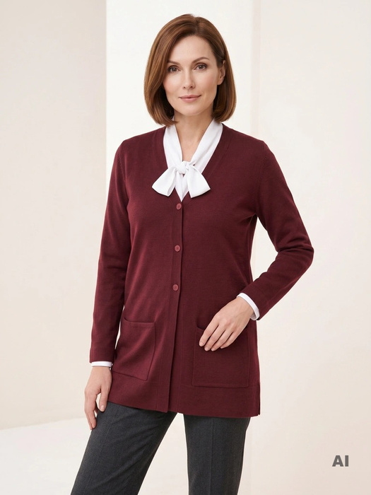 Bordowy sweter damski rozpinany o prostym kroju – elegancki model z kieszeniami i dekoltem w serek 38970