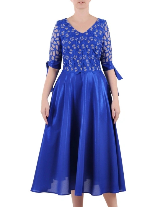 Elegancka chabrowa sukienka wizytowa maxi – rozkloszowany fason z dekoltem w serek na przyjęcia 35417