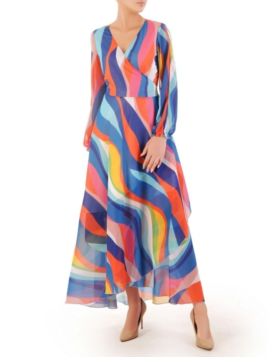 Elegancka sukienka rozkloszowana maxi w modny wzór – wiązanie w pasie modelujące sylwetkę 33091