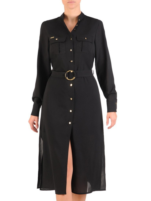 Elegancka czarna sukienka, kreacja z modnym zapięciem i paskiem 27145
