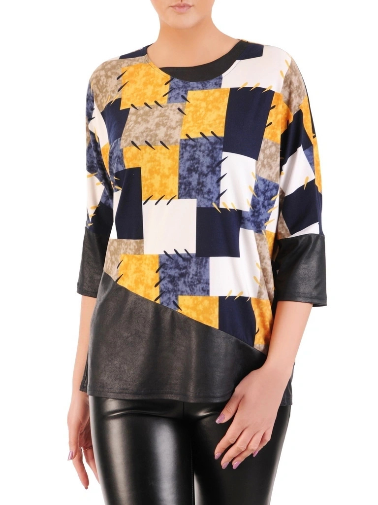 Wielobarwna bluzka damska z ekoskórą w modny patchwork – fason kimono, maskujący talię i wysmuklający plecy 32505