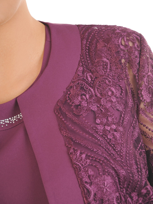 Elegancki fioletowy komplet, prosta sukienka z koronkowym żakietem 33521