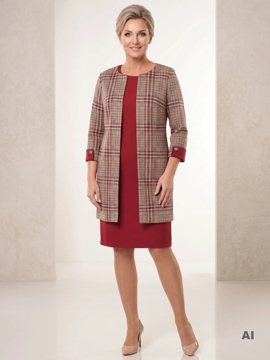 Elegancka bordowa garsonka na wesele w kratkę – prosty fason midi z paskiem modelującym talię 40458