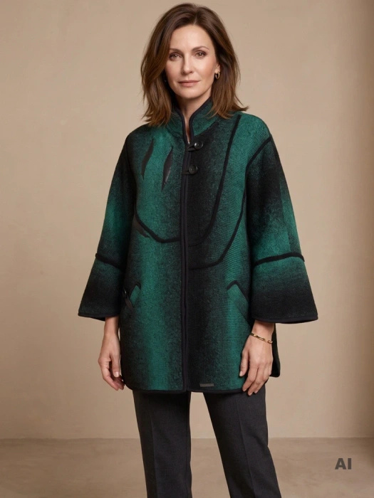Elegancki zielony sweter damski rozpinany na suwak – wygodny luźny fason z ozdobnymi guzikami 42178