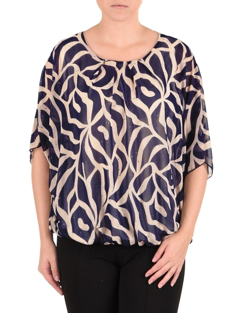 Elegancka bluzka z rękawami kimono granatowo-beżowa – lekki fason z gumką idealny na lato 42052
