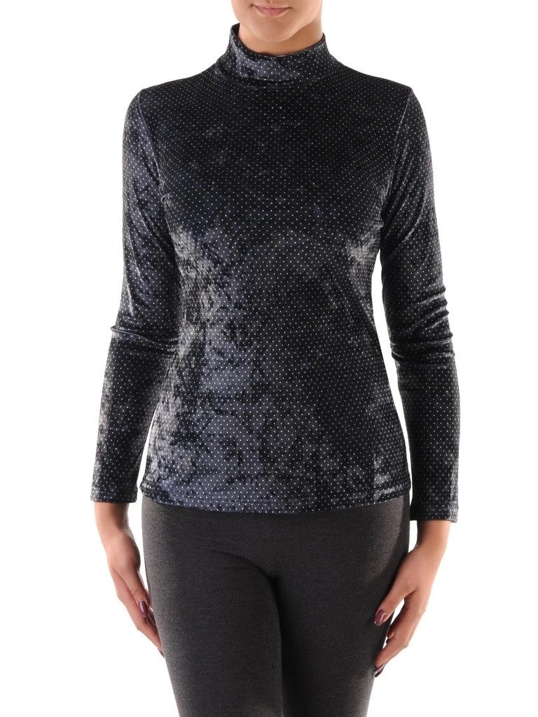 Czarna bluzka wizytowa z golfem w białe grochy – prosty fason z elastycznej wiskozy 18133