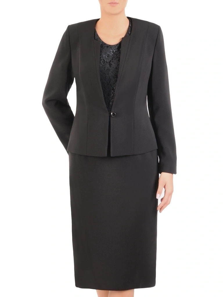 Wizytowa czarna garsonka damska ze spódnicą – wyszczuplające koronkowe wstawki i prosty krój 30455