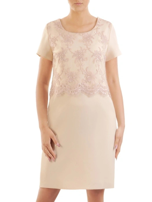 Prosta waniliowa sukienka wizytowa midi – koronkowy akcent dodający elegancji 34010