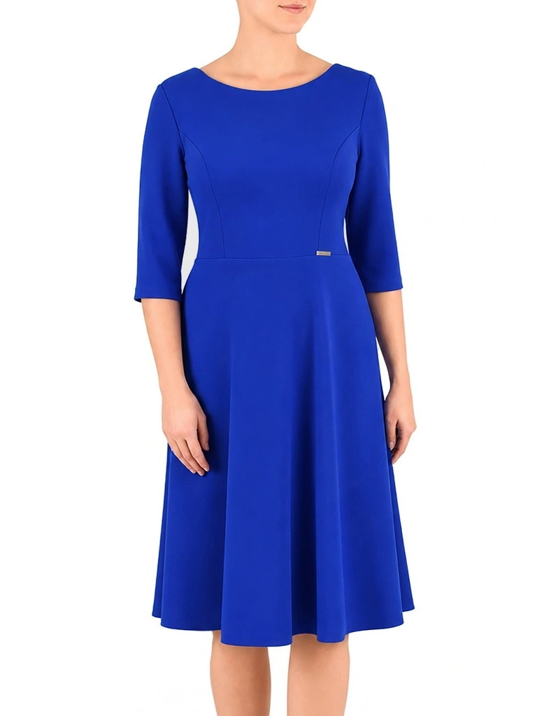 Elegancka chabrowa sukienka rozkloszowana midi – kobiecy krój z rękawem 3/4 podkreślający talię 42268