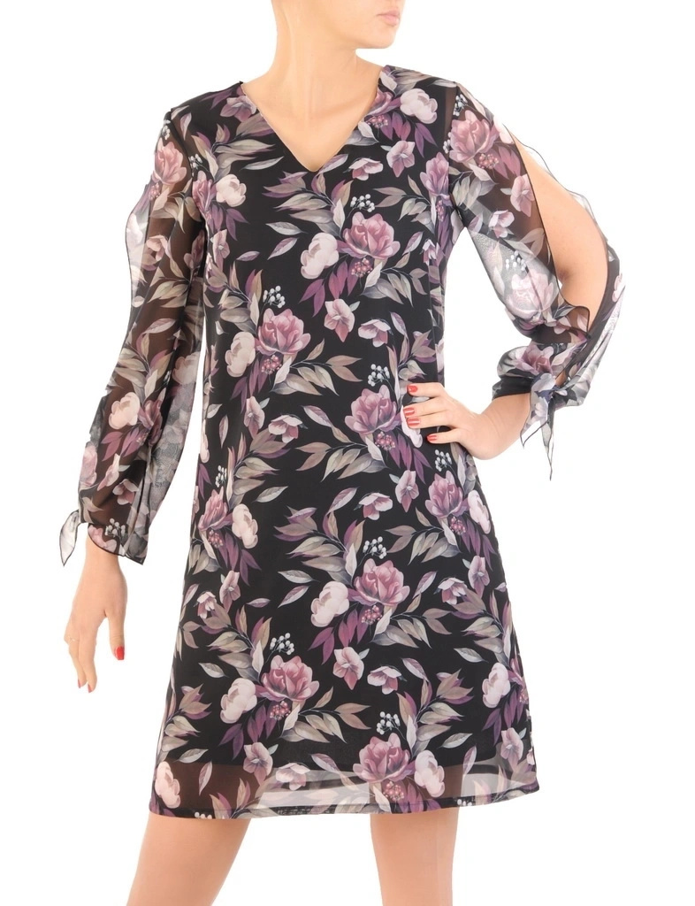 Elegancka czarna sukienka trapezowa w kwiaty – swobodny fason z wiązanymi rękawami 34169
