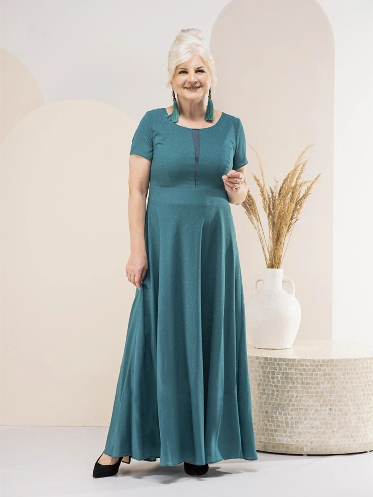 Elegancka suknia wieczorowa maxi rozkloszowana butelkowa zieleń – lśniące zdobienie modelujące sylwetkę 35162