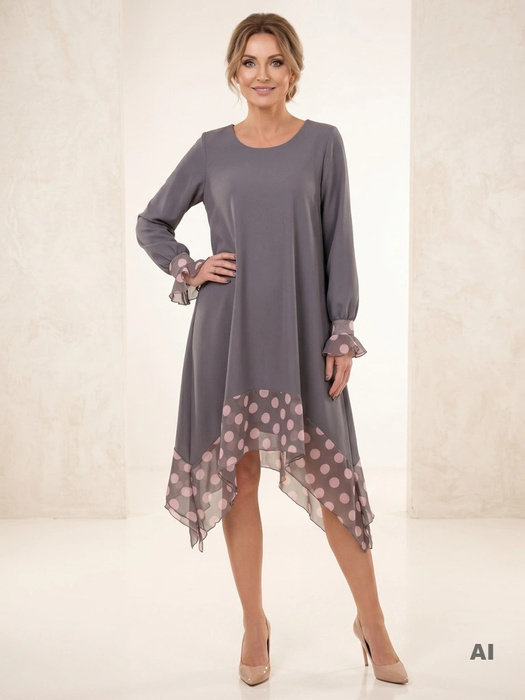 Elegancka sukienka trapezowa midi w groszki – swobodny fason z falbaną przy rękawach 28610