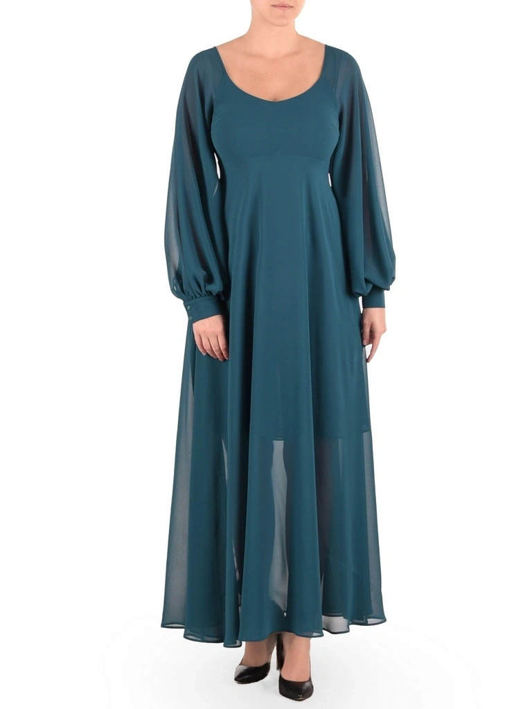 Morska sukienka wieczorowa trapezowa maxi – elegancki krój subtelnie tuszujący biodra 42296