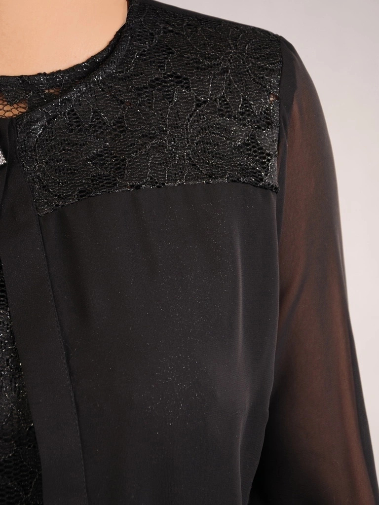 Elegancki kostium damski czarny z sukienką midi – wysmuklające sylwetkę pionowe zaszewki na wieczór 32658