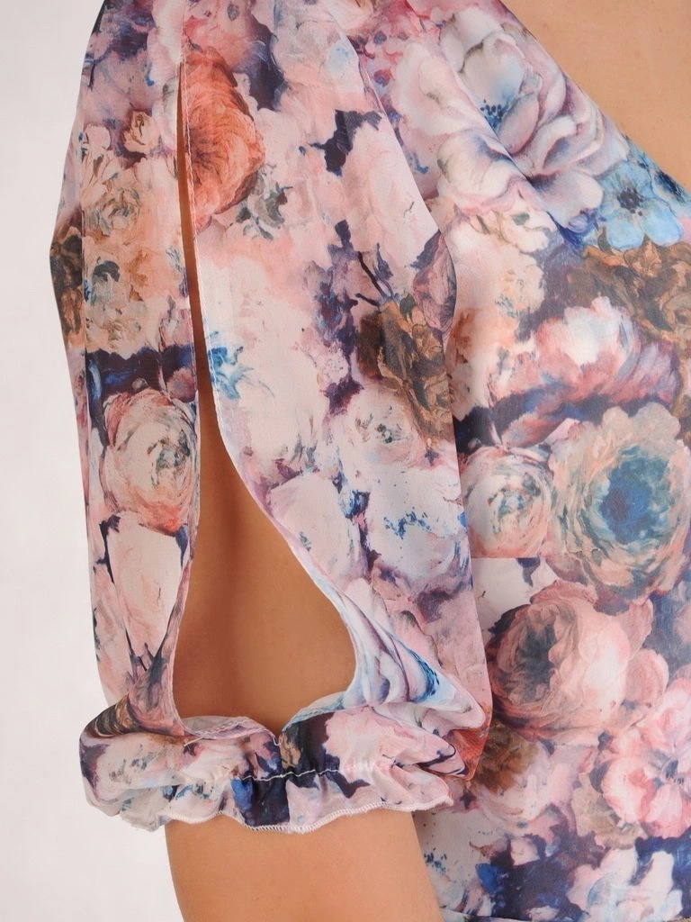 Elegancka sukienka wizytowa midi w kwiaty – rozkloszowany fason z bufiastym rękawem 28988