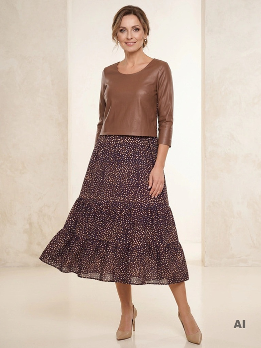 Elegancka sukienka rozkloszowana midi w brązowy wzór – szykowny fason tuszujący biodra 31382