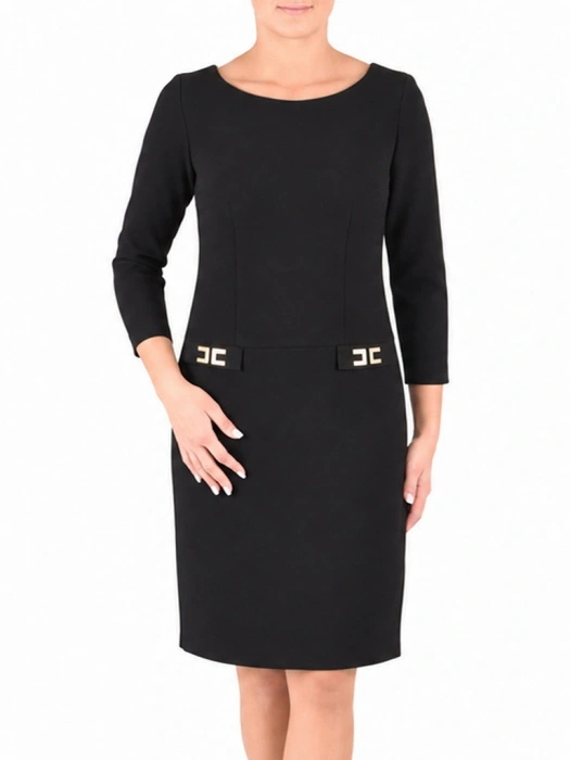 Elegancka czarna sukienka wizytowa midi – prosty krój z rękawem 3/4 do biura i na wieczór 42522