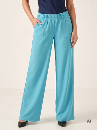 Eleganckie spodnie palazzo turkusowe plus size – z gumką w pasie, maskujące uda 39808