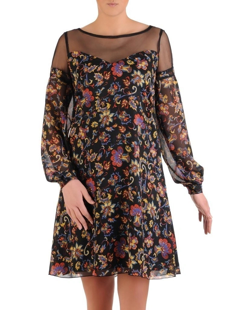 Czarna sukienka w kwiaty trapezowa – wygoda i elegancja z tiulowymi akcentami 25675