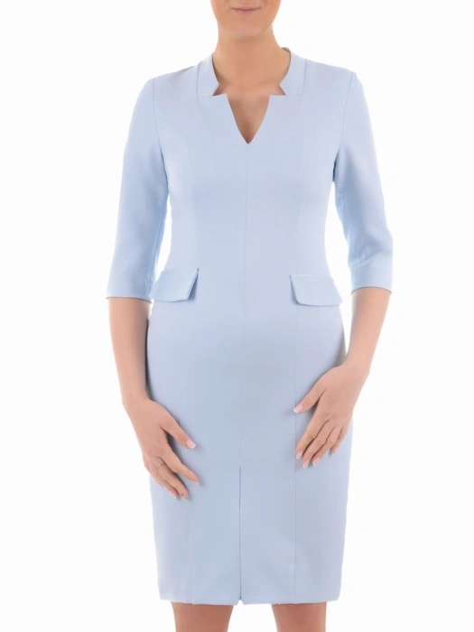 Elegancka sukienka wizytowa o prostym kroju błękitna – modelujące sylwetkę cięcia i rękaw 3/4 35669