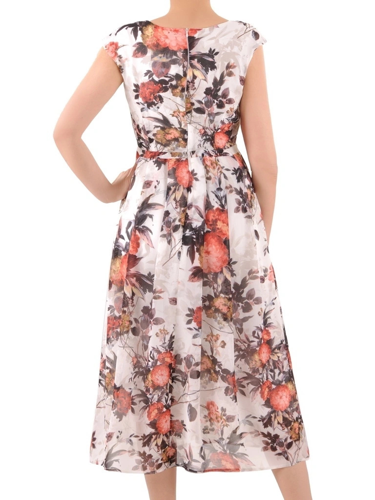 Elegancka sukienka koktajlowa midi w kwiaty rozkloszowana – zwiewne plisy wysmuklające sylwetkę 35982
