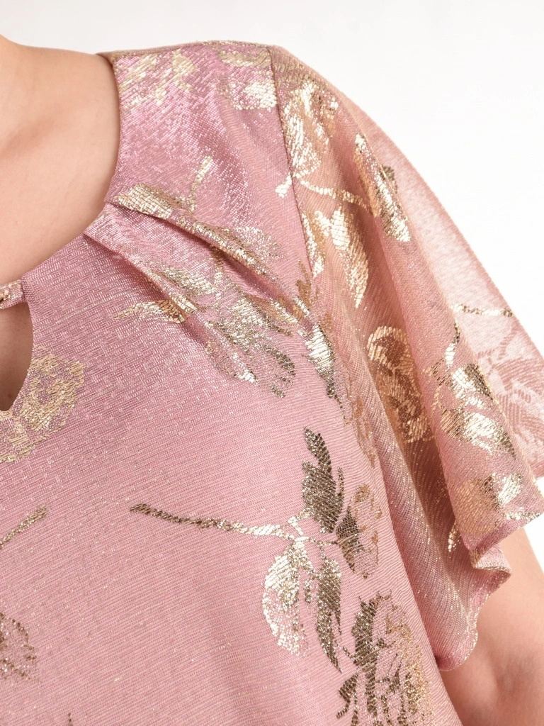 Elegancka sukienka trapezowa midi w złote kwiaty – rozszerzane rękawy tuszujące biodra 41780