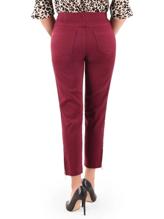Eleganckie bordowe spodnie damskie dopasowane 7/8 z zamkami – idealne do biura i na lato plus size 34873