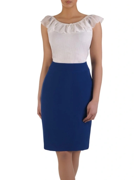 Elegancka chabrowa spódnica do kolan o prostym fasonie – stylowy model z rozcięciem na jesień 4253