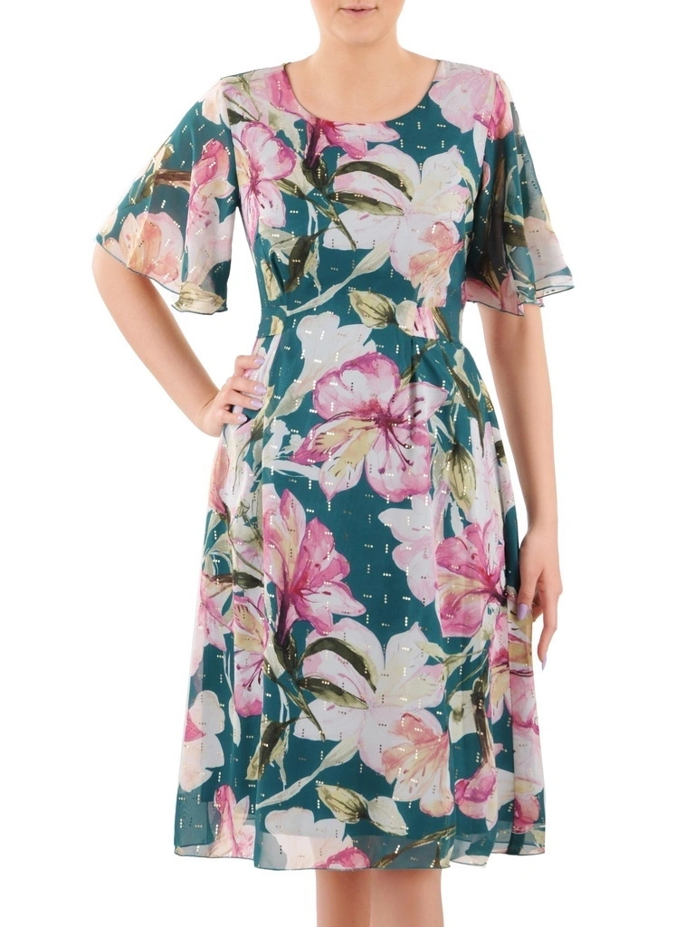 Elegancka zielona sukienka rozkloszowana w kwiaty – kobiecy fason z wiązaniem modelujący talię 35988