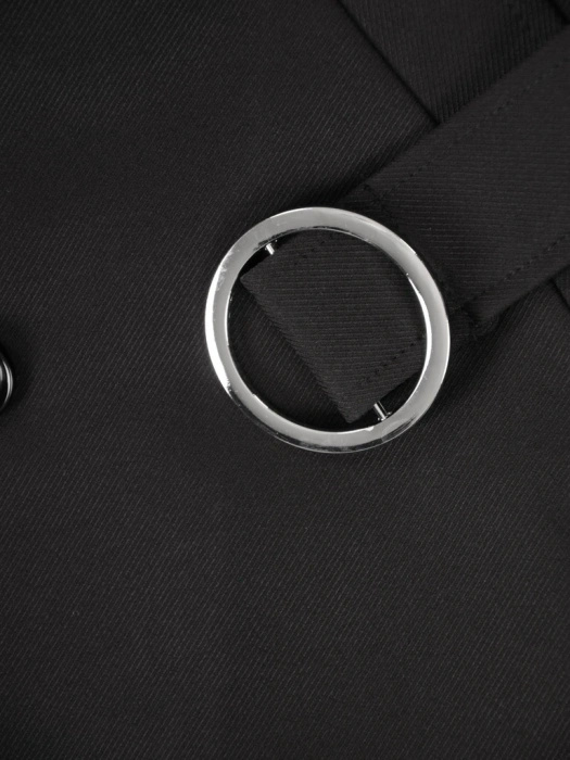 Elegancki czarny płaszcz damski na jesień i zimę – prosty fason z wiązaniem podkreślającym talię 36423