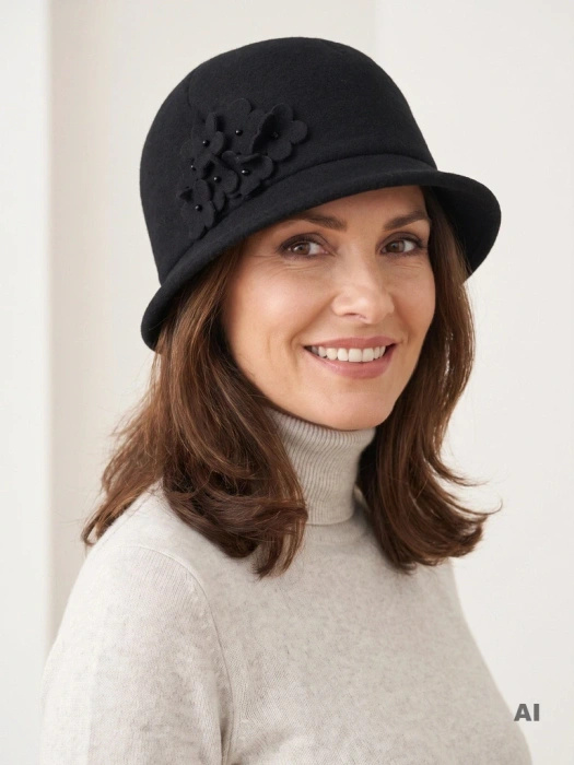 Elegancki kapelusz damski cloche na zimę – stylowy fason z wywiniętym rondem i aplikacją 42383