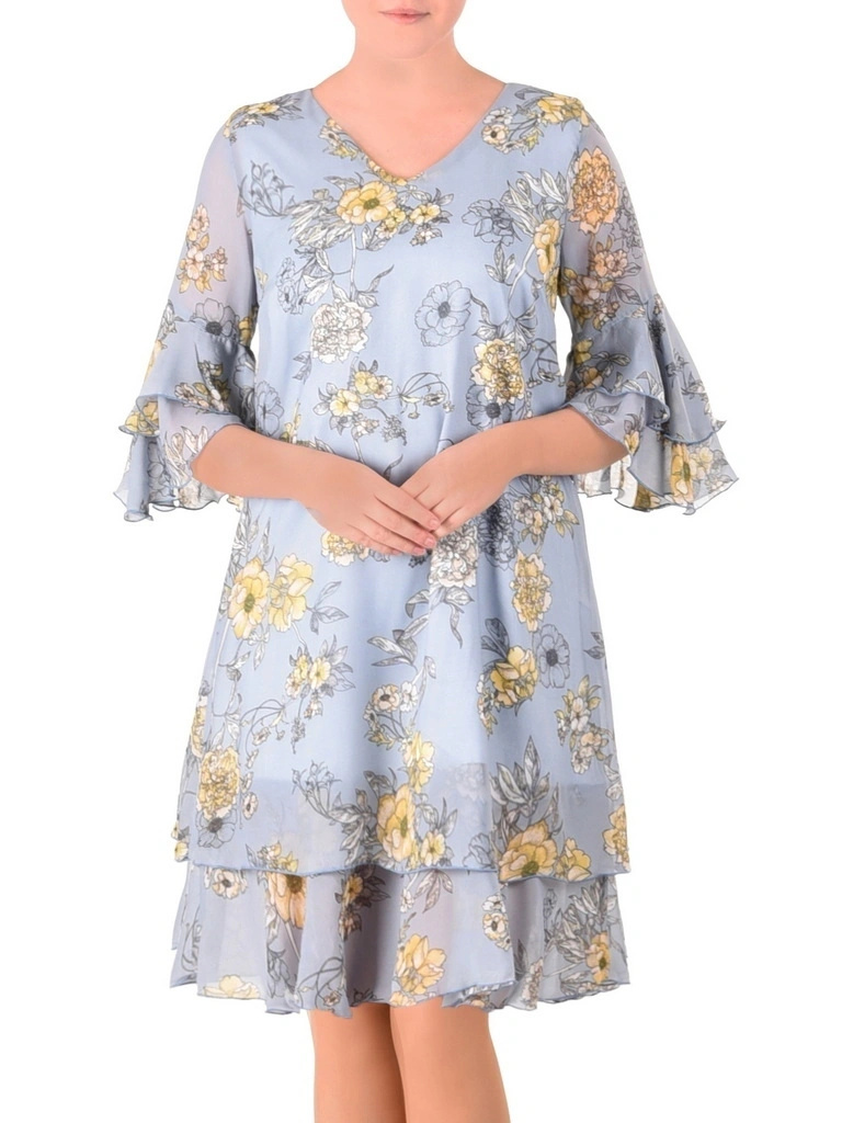 Elegancka sukienka trapezowa z rękawem 3/4 w kwiaty – wygodny krój wysmuklający sylwetkę 41197