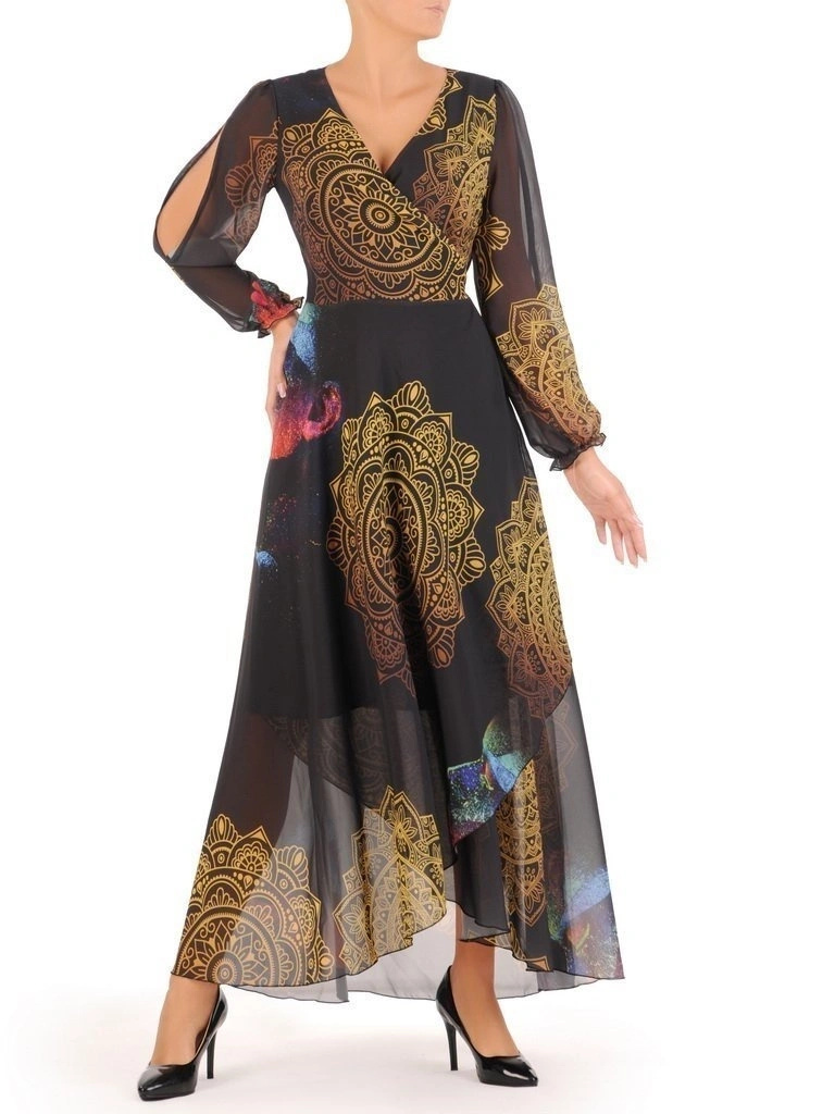 Elegancka sukienka wizytowa maxi w barwne wzory – kopertowy krój z wiązaniem wysmuklającym sylwetkę 30490