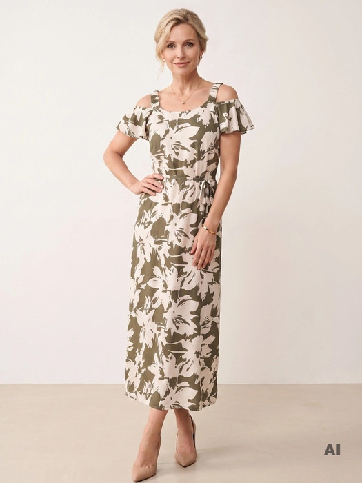 Elegancka sukienka trapezowa maxi w kwiaty khaki – wiskozowy model z paskiem modelującym talię 42085