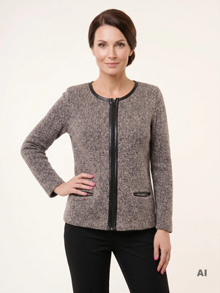 Elegancki sweter damski rozpinany na zamek – prosty krój ze wstawkami z ekoskóry 38977