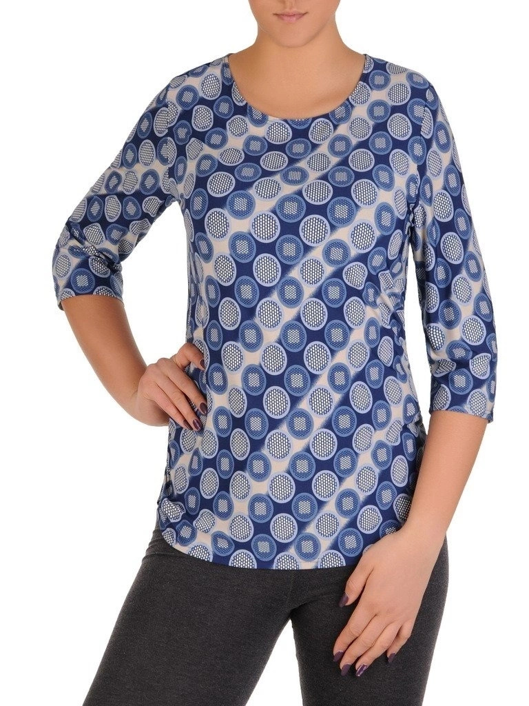 Niebieska bluzka wizytowa we wzory – prosty krój z elastycznym dołem modelujący sylwetkę 14317