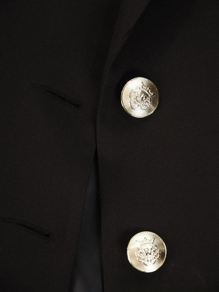 Elegancka czarna marynarka damska – prosty krój z ozdobnymi guzikami do wizytowych stylizacji 23245