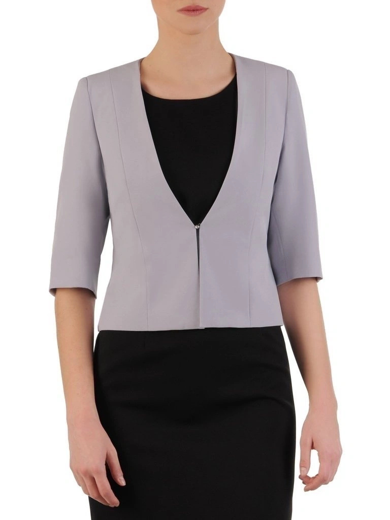 Szary żakiet damski do sukienki o prostym kroju – ozdobne zapięcie i ponadczasowa elegancja na wesele 24845