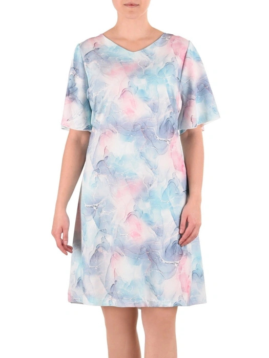 Miętowa sukienka wzorzysta midi z dekoltem serek – trapezowy krój ukrywający niedoskonałości 41831