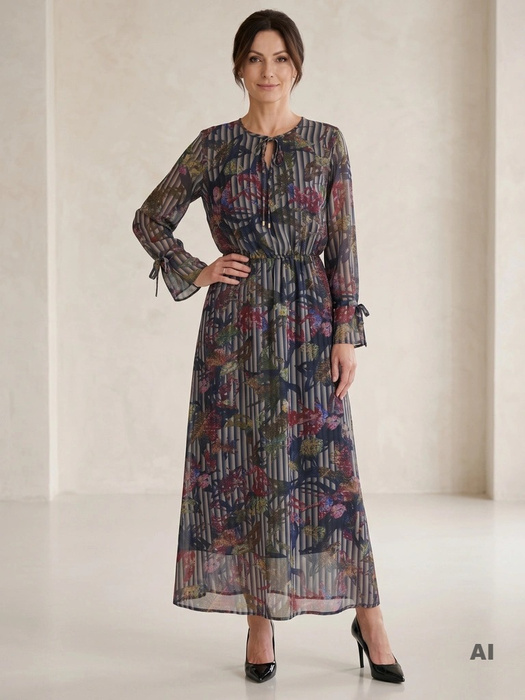 Elegancka sukienka rozkloszowana maxi w jesienny wzór – kobiecy fason podkreślający talię 17597