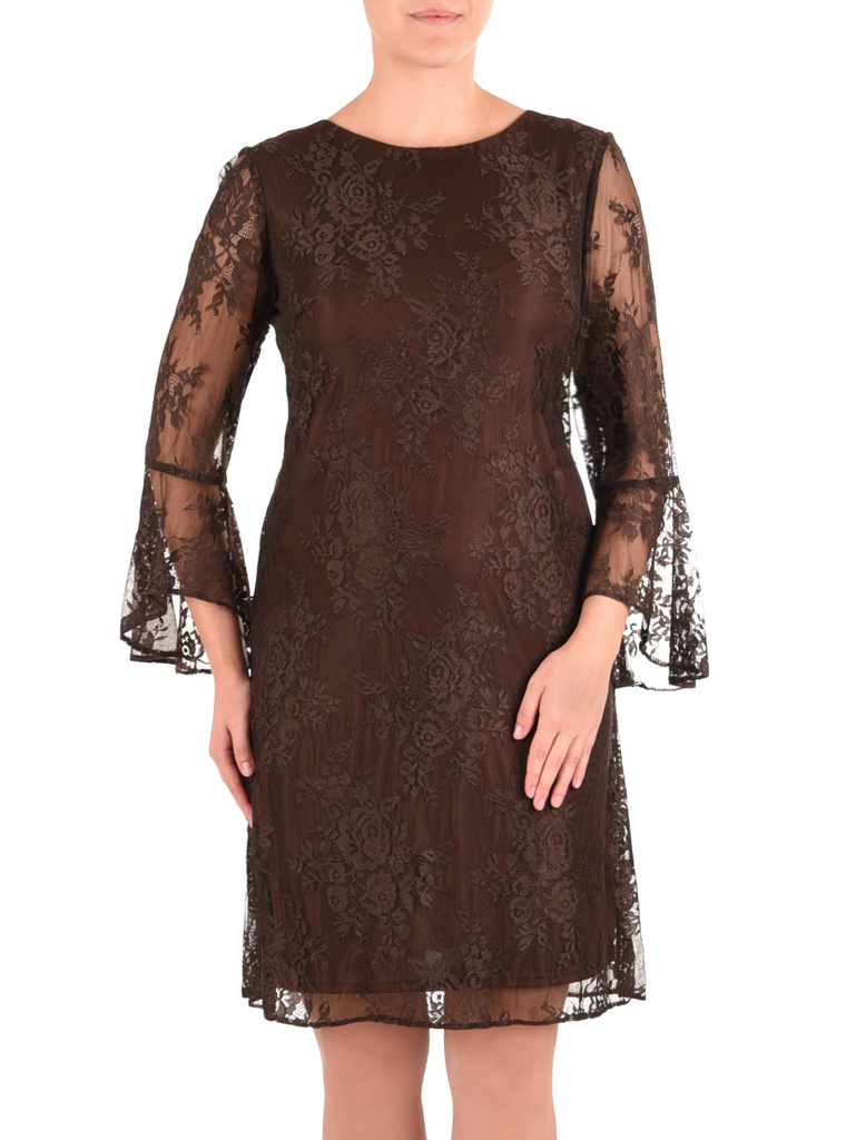 Elegancka sukienka trapezowa w kwiaty brązowa – swobodny krój tuszujący biodra z efektownym tyłem 42112