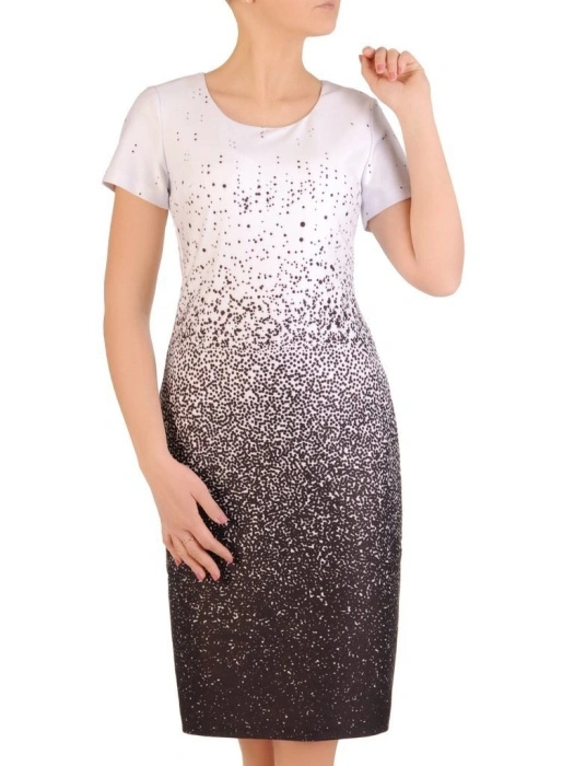 Elegancka czarno-biała sukienka w grochy – prosty fason wysmuklający sylwetkę 29215