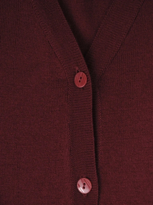 Bordowy sweter damski rozpinany o prostym kroju – elegancki model z kieszeniami i dekoltem w serek 38970