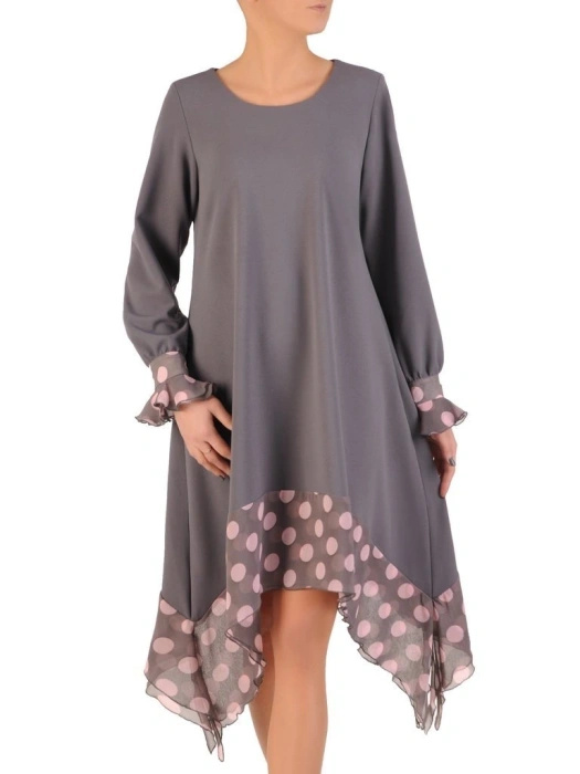 Elegancka sukienka trapezowa midi w groszki – swobodny fason z falbaną przy rękawach 28610