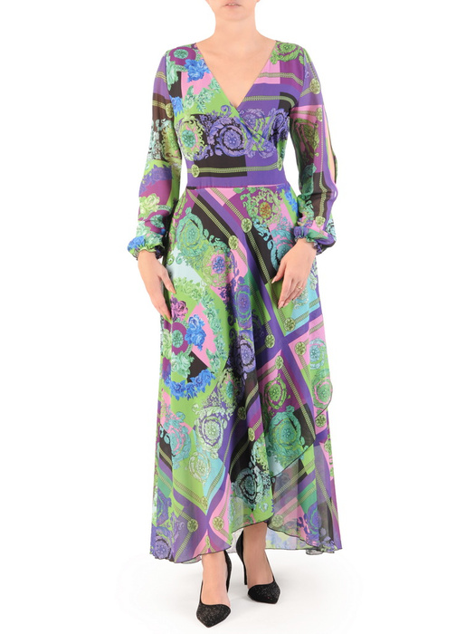 Elegancka sukienka maxi, kreacja z ozdobnymi rozcięciami na rękawach 34526