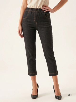 Eleganckie czarne jeansy damskie 7/8 plus size – wysmuklające nogi z elastycznym pasem 36558