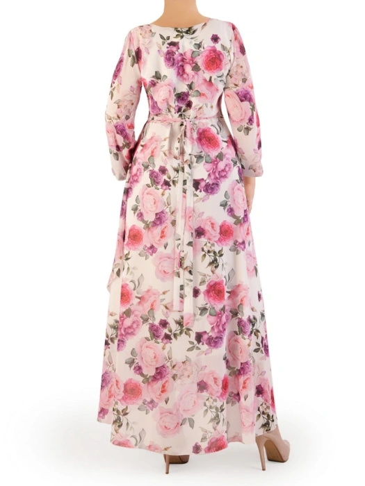 Elegancka sukienka maxi w kwiaty z rozkloszowanym dołem – kobiecy krój z wiązaniem modelującym talię 34523