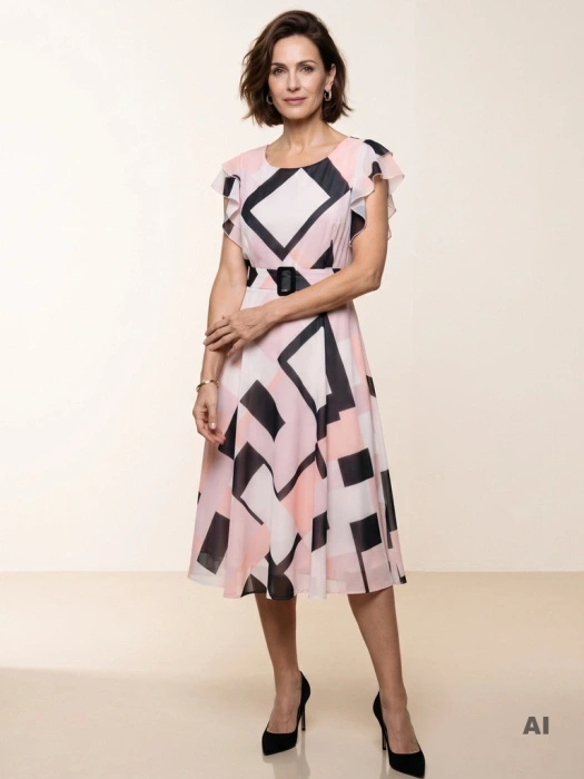 Elegancka sukienka midi rozkloszowana w odcieniu pudrowego różu – fason subtelnie podkreślający talię 39792